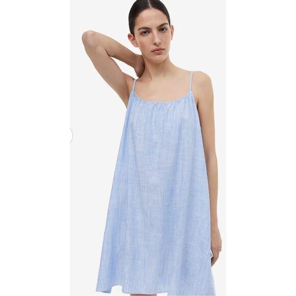H&M blue striped linen sleeveless mini dress lightweight adjustable straps XL - Picture 3 of 10